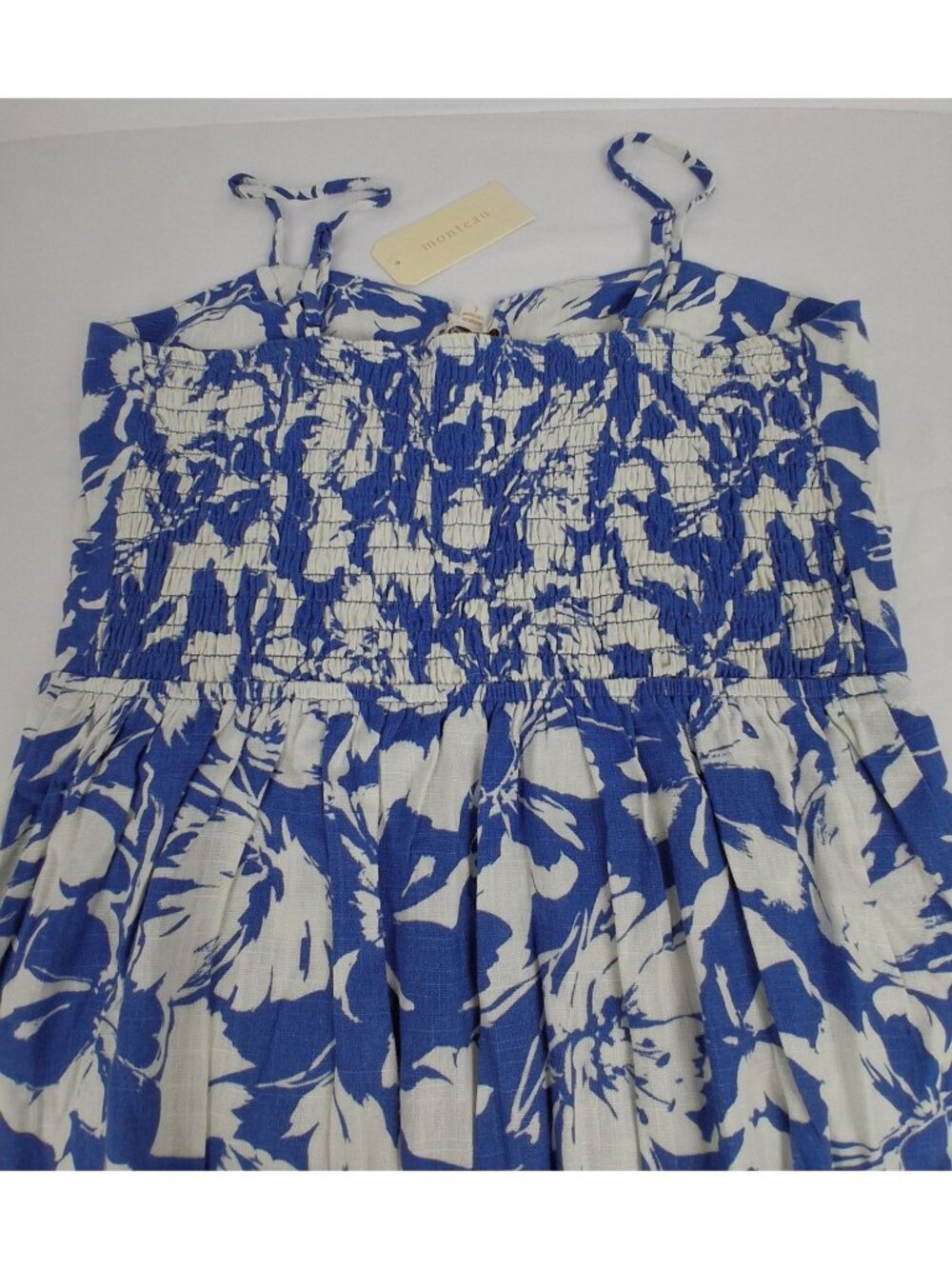 Large Blue & White Floral Spaghetti Strap Midi Dress Side Slit Smocked Back By M - Picture 13 of 13